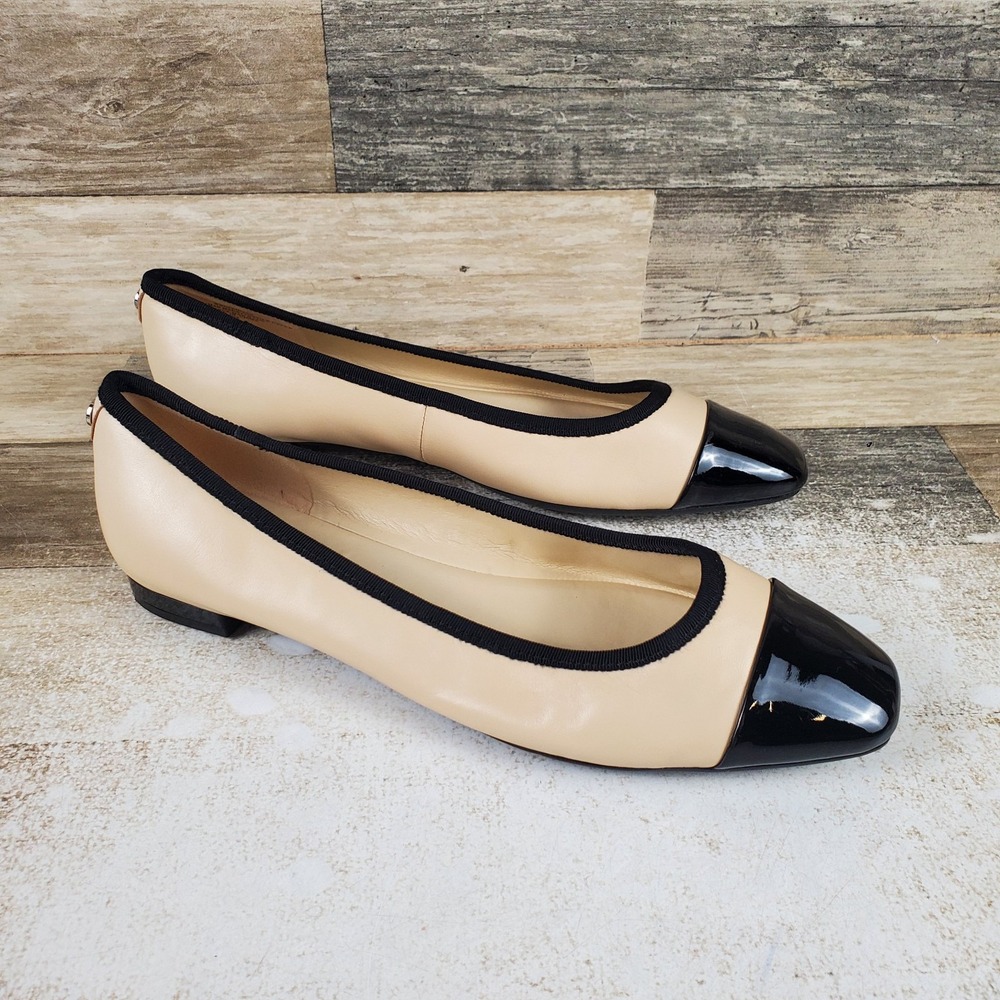 Nine West Ollin Womens Ballet Flat Sz 9 M Natural Leather Black Cap Toe Slip On